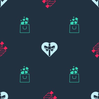 Candy 'yi kalp şeklinde bir kutuda ve kusursuz desenli bir alışveriş torbasında hazırla. Vektör