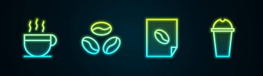 Sıra kahve fincanı, fasulye, poster ve milkshake 'de. Parlayan neon ikonu. Vektör