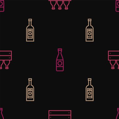 Ahşap bir kutuda şarap şişeleri, cam şişe votka ve birayı pürüzsüz bir şekilde yerleştirin. Vektör