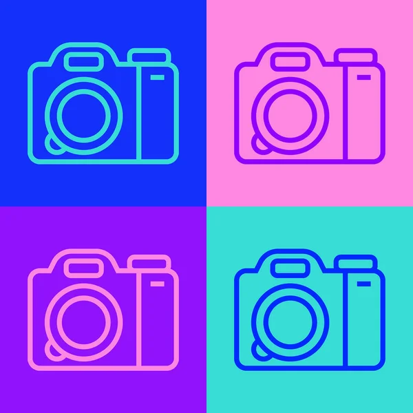 爆米花艺术线摄影相机图标孤立在色彩背景上 脚踏相机 数字摄影 — 图库矢量图片