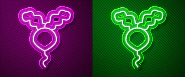 Glowing neon line Radish icon isolated on purple and green background.  Vector