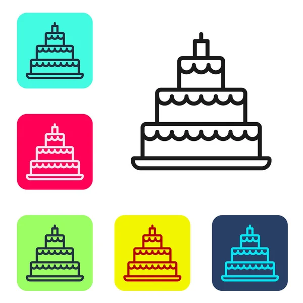 黑线婚礼蛋糕图标孤立在白色背景 在彩色正方形按钮中设置图标 — 图库矢量图片