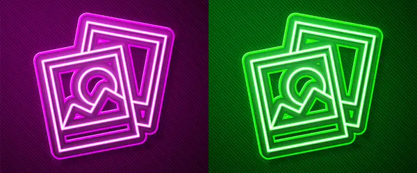 Glowing Neon Line Photo Frame Icon Isolated Purple Green Background — Stock Vector