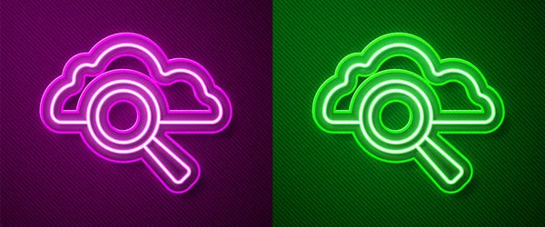Glowing Neon Line Search Cloud Computing Icon Isolated Purple Green — Stock Vector
