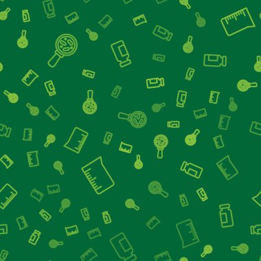 Çizgi mikroorganizmaları büyüteç, laboratuvar cam deney tüpü, deney tüpü ve matarayı kusursuz desen üzerine yerleştirin. Vektör