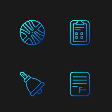 Sınav kağıdını yanlış cevaplarla ayarla, zil, basketbol topu ve kağıt kontrol işareti. Renk simgeleri. Vektör