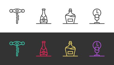 Şerit şarap tirbuşonu, şampanya şişesi, eski şarap ve zaman siyah beyaz. Vektör