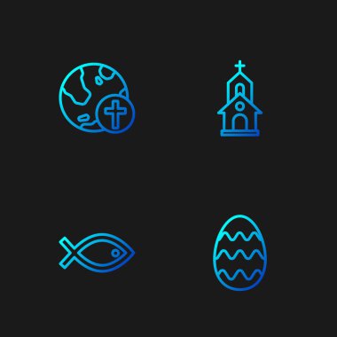 Paskalya yumurtası, Hristiyan balık sembolü, dünya ve kilise binasıyla kesişir. Renk simgeleri. Vektör