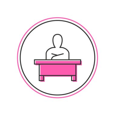 Filled outline Schoolboy sitting at desk icon isolated on white background.  Vector