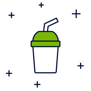 Kağıt bardakla doldurulmuş, beyaz arka planda izole edilmiş saman ve su ikonu var. Soda bardağı. Taze soğuk içecek sembolü. Vektör