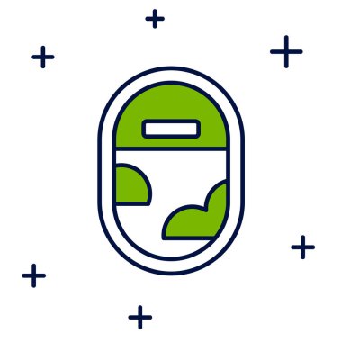 Doldurulmuş ana hatlı uçak pencere simgesi beyaz arkaplanda izole edildi. Uçak lombozu. Vektör