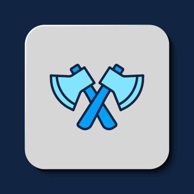 Filled outline Wooden axe icon isolated on blue background. Lumberjack axe.  Vector