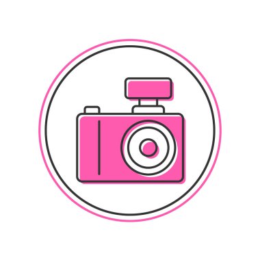 Beyaz arkaplanda izole edilmiş ana hatlı fotoğraf makinesi simgesi. Foto kamera. Dijital fotoğrafçılık. Vektör