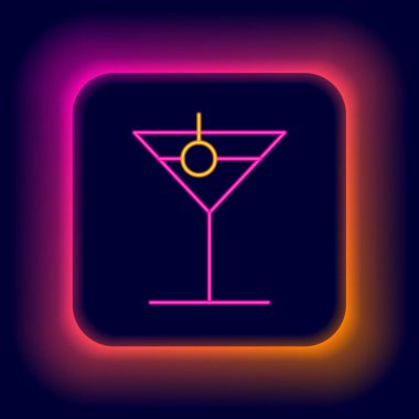 Parlayan neon hattı Martini cam ikonu siyah arka planda izole edildi. Kokteyl ikonu. Şarap kadehi ikonu. Renkli taslak konsepti. Vektör