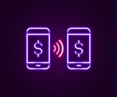Parlak neon hattı. Mobil ikon içinde para ödeme transferi siyah arkaplanda izole edildi. Hızlı satın alma kavramı. Para gönderip almak. Renkli taslak konsepti. Vektör