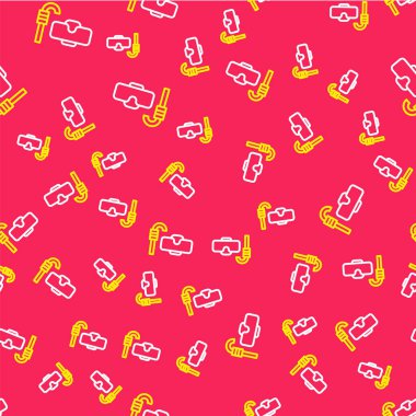 Dalış maskesi ve şnorkel simgesi kırmızı arkaplanda izole edilmiş. Olağanüstü bir spor. Su altı ekipmanları. Vektör