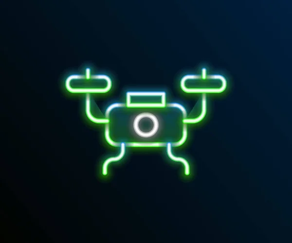 Glowing Neon Line Drone Flying Icon Isolated Black Background Quadrocopter — Stock Vector