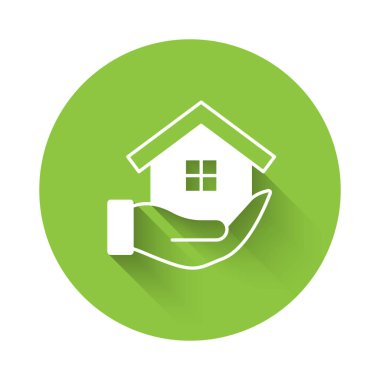 Beyaz Saray 'ın el simgesi uzun gölgeli bir arka planı var. Sigorta konsepti. Güvenlik, güvenlik, koruma, konsept koruma. Yeşil daire düğmesi. Vektör