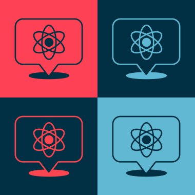 Pop Art Atom simgesi renk arkaplanında izole edildi. Bilimin, eğitimin, nükleer fiziğin, bilimsel araştırmaların sembolü. Vektör