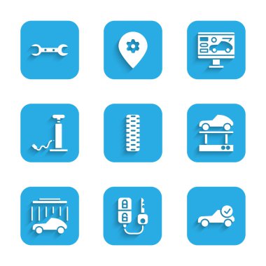 Araba tekerleğini ayarlayın, uzaktan kumandalı anahtar, otomobili kontrol edin, asansördeki arabayı tamir edin, yıkayın, pompalayın, teşhis konumu ve anahtar simgesi. Vektör