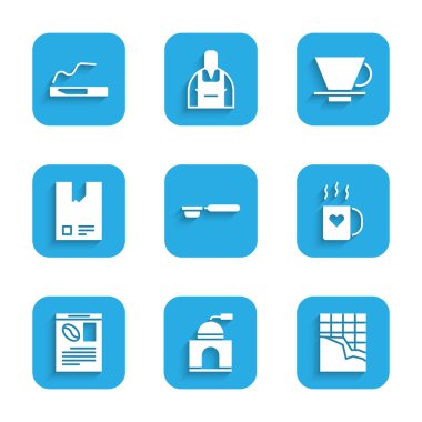 Kahve filtresi tutacağı, manuel kahve öğütücü, çikolata çubuğu, bardak ve kalp, gazete kağıdı, poşet fasulye, V60 makinası ve sigara ikonu. Vektör