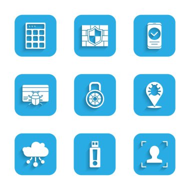 Güvenli kilit, USB bellek, yüz tanıma, sistem hatası, internet, kredi kartı, akıllı telefon ve parola koruma simgesi. Vektör