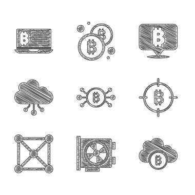 Devre, video grafik kartı, kripto para birimi bulut madenciliği, hedef, blok zinciri teknolojisi ve dizüstü bilgisayar simgesinden madencilik bitcoin ayarlayın. Vektör