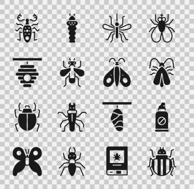Kolorado böceği, böceklere karşı sprey sıkın, güve, sinek, böcek sineği, arı kovanı, böcek geyiği ve kelebek ikonu. Vektör