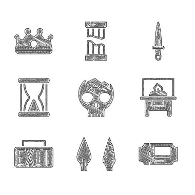 Kırık insan kafatası, taş devri ok başı, müze bileti, sergi için cam vitrin, çıkış işareti, kumlu eski kum saati, hançer ve kral taç ikonu. Vektör