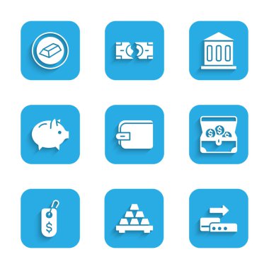 Cüzdan, altın külçeleri, hazine sandığı, dolar etiketi, domuz kumbarası, banka binası ve ikon. Vektör