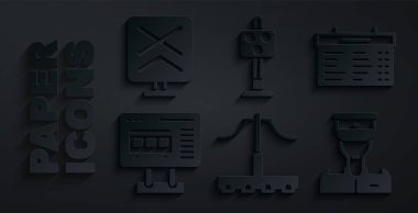 Tren yolu, tren istasyonu, bilet gişesi bilet, kondüktör, trafik ışığı ve demiryolu geçiş ikonu ayarlayın. Vektör