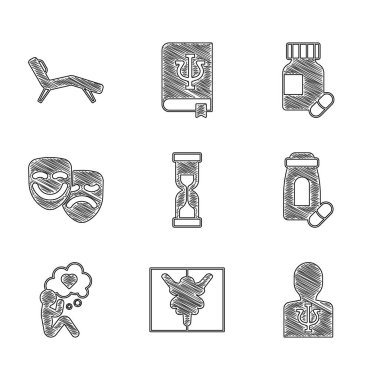 Eski kum saati, Rorschach testi, psikoloji, Psi, sakinleştirici haplar, kafa, kalp, komedi ve trajedi maskeleri ve Kol Koltuğu ikonu. Vektör