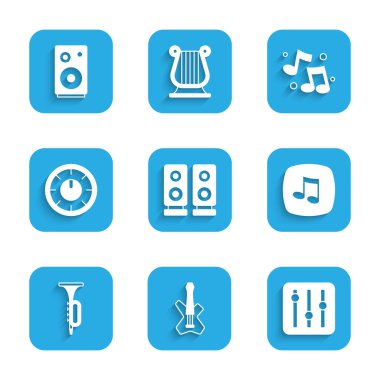 Stereo hoparlörü, elektro bas gitar, ses karıştırıcı denetleyici, nota, ton, trompet ve ikon ayarlayın. Vektör