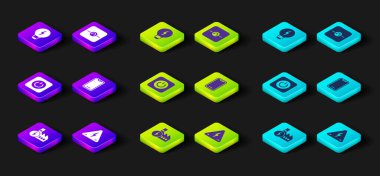 Nükleer enerji santrali, yüksek voltaj, elektrik düğmesi, cep telefonu, Ohmmeter ve yaratıcı lamba fikri ikonu. Vektör