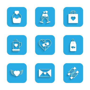 İyileştirilmiş kırık kalp veya boşanma, Sevgililer Günü Zarfı, Candy, Lütfen rahatsız etmeyin, Kalp kanatları, kahve fincanı, alışveriş torbası ve düğün pastası ikonu. Vektör