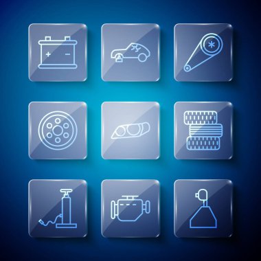 Hat çizgisi, hava pompası, motor kontrolü, vites kolu, zaman ayarlı kemer kiti, far, tekerlek, akü ve lastik ikonu. Vektör