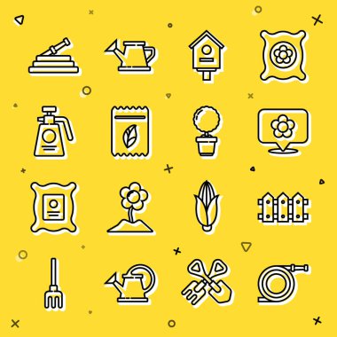 Hortum ya da yangın hortumu, çit ahşap, çiçek, kuş evi, tohum tohumu dolu paket, gübre spreyi ve saksı ikonunda çiçek koyun. Vektör