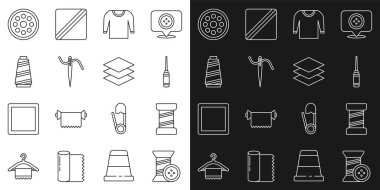 Çizgi dikiş ipliği ve düğme, Awl aracı, süveter, dikiş dikmek için iğne ve katman giyim tekstil ikonu. Vektör