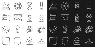 Hat askısı gardırobu, iplik topu, terzi dükkanı, dikiş ipliği, mezura, makine, iğne, iğne ve ikon. Vektör