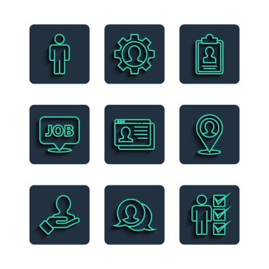Hat El 'i insanları aramak için ayarla, konuşma balonu sohbeti, takım elbiseli adam kullanıcısı, özgeçmişi olan pano, özgeçmiş, iş ve mekan kişisi simgesi. Vektör