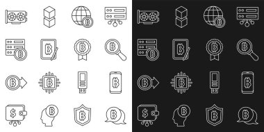 Hat Bitcoin, cep telefonundan madencilik bitcoin Globe, tablet, Server, Video grafik kartı ve simgeyle büyüteç. Vektör