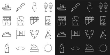 Set hattı Sun, tekila şişesi, Meksika halısı, buzlu dondurma, güreşçi, Huehuetl, sombrero ve Pan flüt ikonu. Vektör