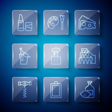 Set hattı şarap tirbuşonu, resim, limoncello şişesi, peynir, İtalyan aşçı, bir şişe şarap kovası, ruj ve Coliseum Rome ikonu. Vektör