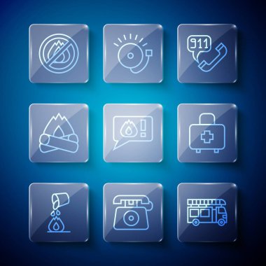 Bucket yangın söndürme hattı kurun, 911 'i arayın, itfaiye kamyonu, Kamp ateşi, ilk yardım çantası ikonu. Vektör