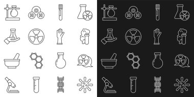 Damar yolu bakterisi, radyoaktif, kimyasal patlama, test tüpü ve matara, stand ve tıbbi lastik eldiven ikonu. Vektör