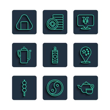 Köfteler tahta çubukta, Yin Yang, Çin çay seremonisi, Yuan parası, Havai fişek, suşi ve Çin bayrağı ikonu. Vektör