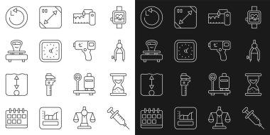 Hat Şırıngası, Kumlu Eski kum saati, Çizim pusulası, Ölçme aleti, Saat, Ölçek, Yarıçap ve Dijital termometre simgesi. Vektör