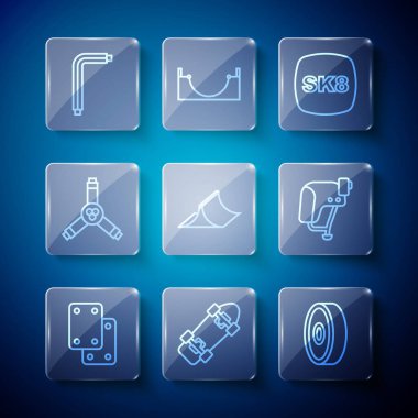 Dizlikler, kaykay, bilye, park, Y-aracı, araç aleni anahtarları ve kask simgesi. Vektör