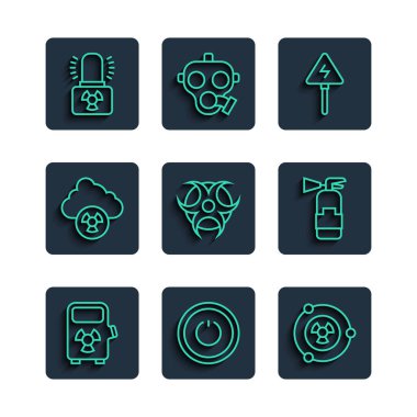 Elektrik hattı şarj istasyonu, elektrik düğmesi, radyoaktif, yüksek voltaj işareti, biyolojik tehlike sembolü asit yağmuru ve radyoaktif bulut, uyarı lambası ve yangın söndürme ikonu. Vektör