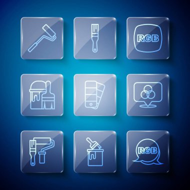 Çizgi boyası fırçası, kova, RGB, renk palet rehberi ve CMYK renk karıştırma simgesini ayarla. Vektör